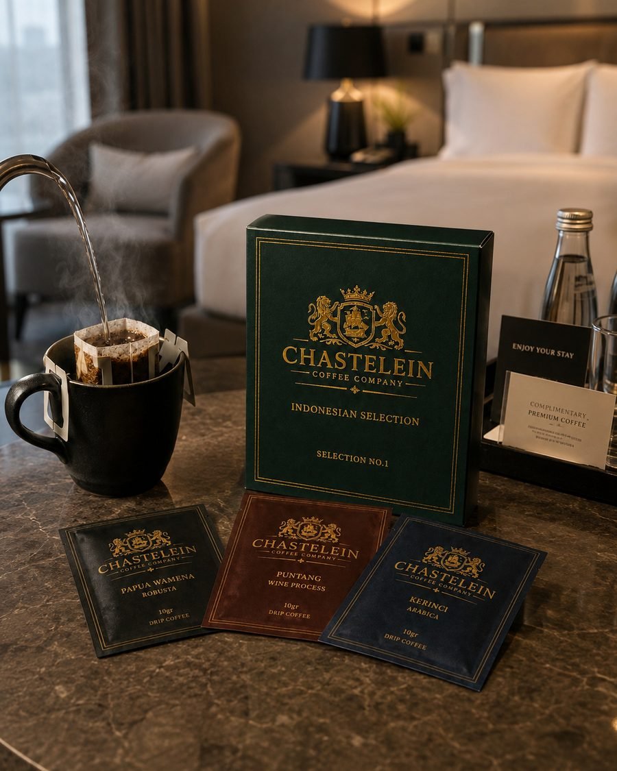 Chastelein box, three sachets and a freshly poured cup on a hotel room table